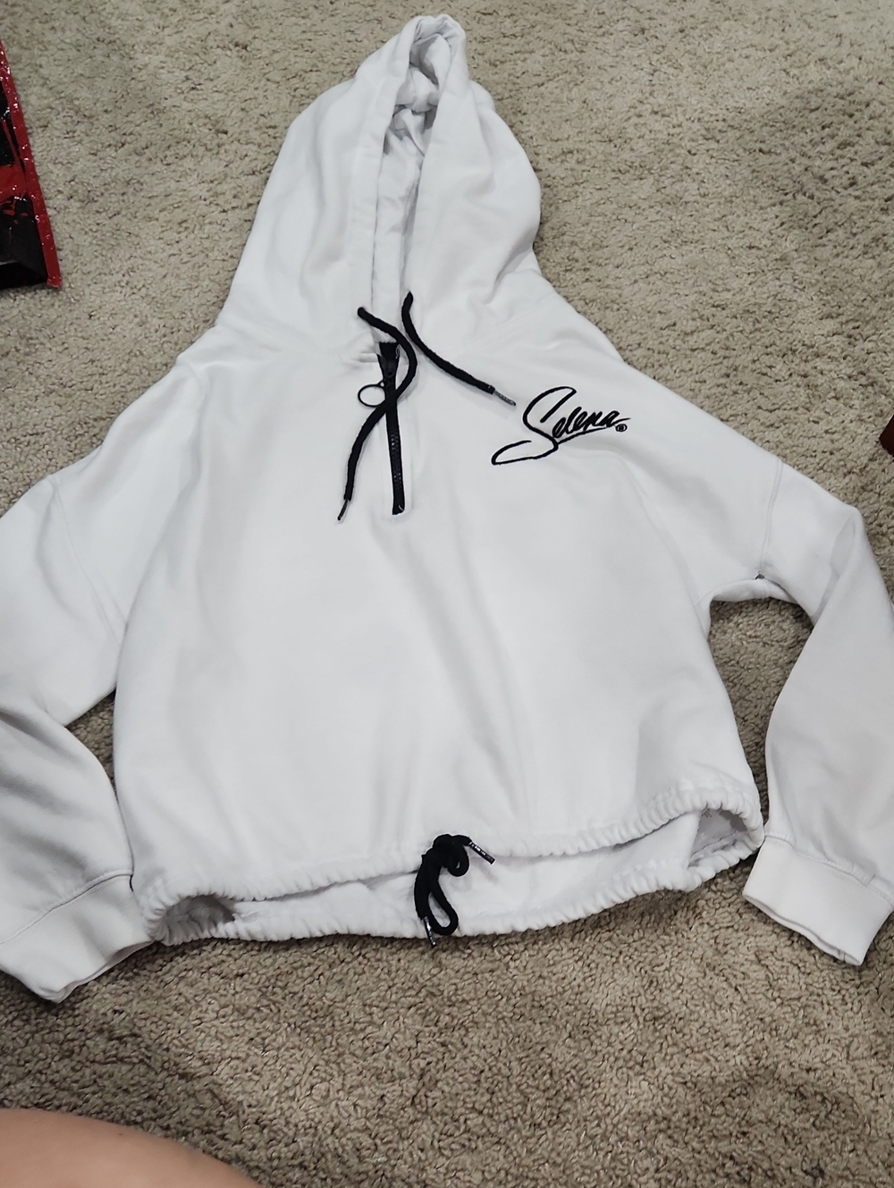 White Cropped Hoodie Sweater with Drawstring. Official Selena Merch